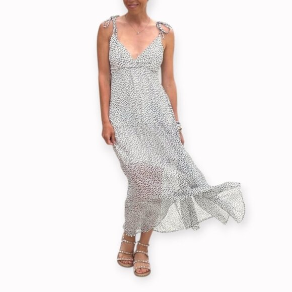 Abercrombie & Fitch Black/White Spotted Chiffon Pleated Maxi Dress - Picture 1 of 12